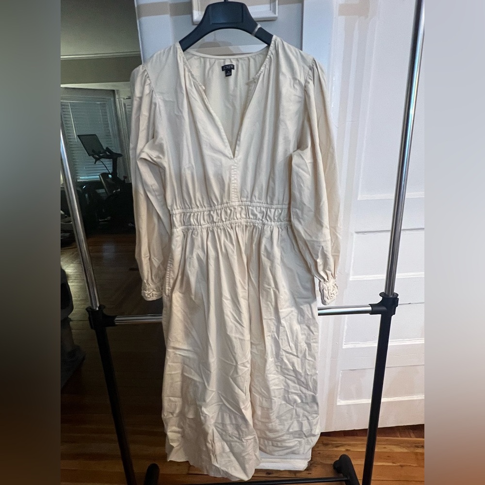 Long-sleeve smocked-waist midi dress in lightweight chino